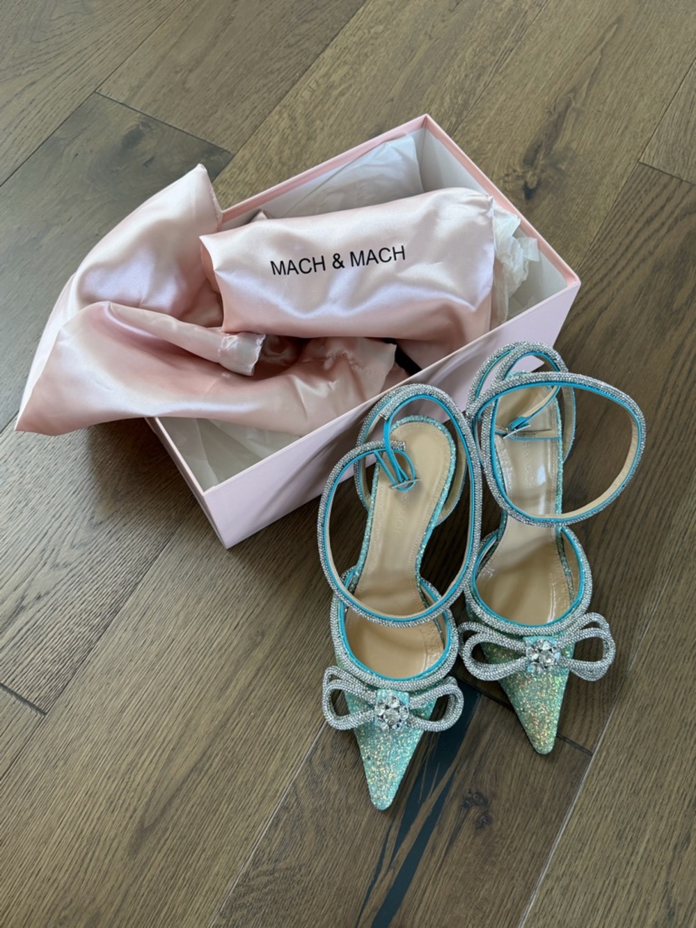 MACH & MACH Baby Blue Glitter Bow Ankle-Strap Pumps